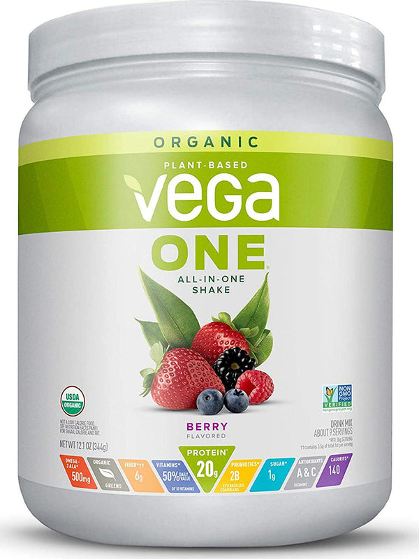 Vega One Organic All-in-One Shake Berry (9 servings, 12.1 oz) - Plant Based Vegan Protein Powder, Non Dairy, Gluten Free, Non GMO