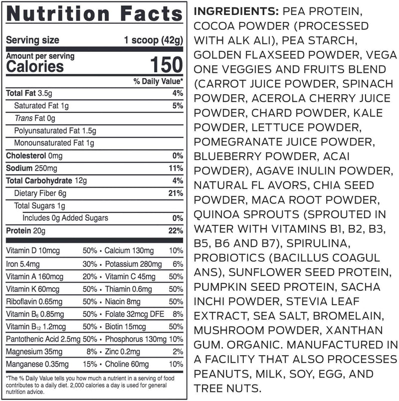 Vega One Organic All-in-One Shake Chocolate XL (42 Servings, 61.8 oz) - Plant Based Vegan Protein Powder, Non Dairy, Gluten Free, Non GMO