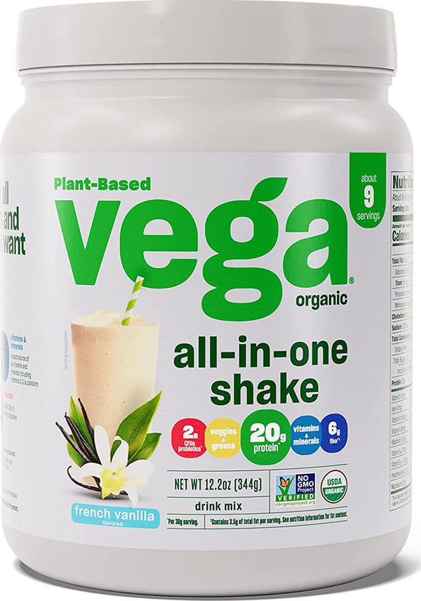 Vega Organic All-in-One Vegan Protein Powder French Vanilla (9 Servings) Superfood Ingredients, Vitamins for Immunity Support, Keto Friendly, Pea Protein for Women and Men, 12.2oz (Packaging May Vary)