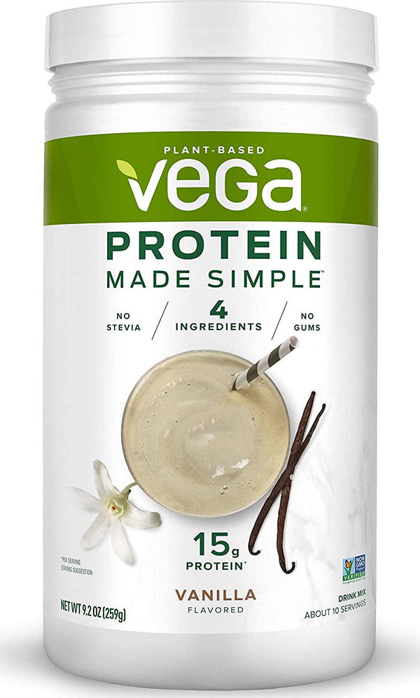 Vega Protein Made Simple, Vanilla, Stevia Free Vegan Plant Based Protein Powder, Healthy, Gluten Free, Pea Protein for Women and Men, 9.2 Ounces (10 Servings)