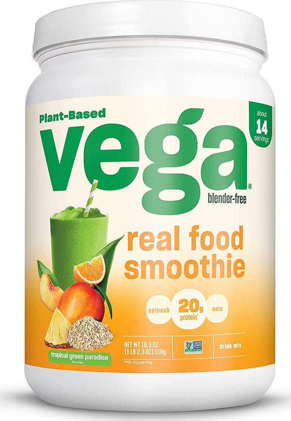 Vega Real Food Smoothie, Tropical Green Paradise, Vegan Protein Powder, 20g Plant Based Protein, No Blender Required, Gluten Free, Non GMO, Pea Protein for Women and Men, 1.23 Pounds (14 Servings)