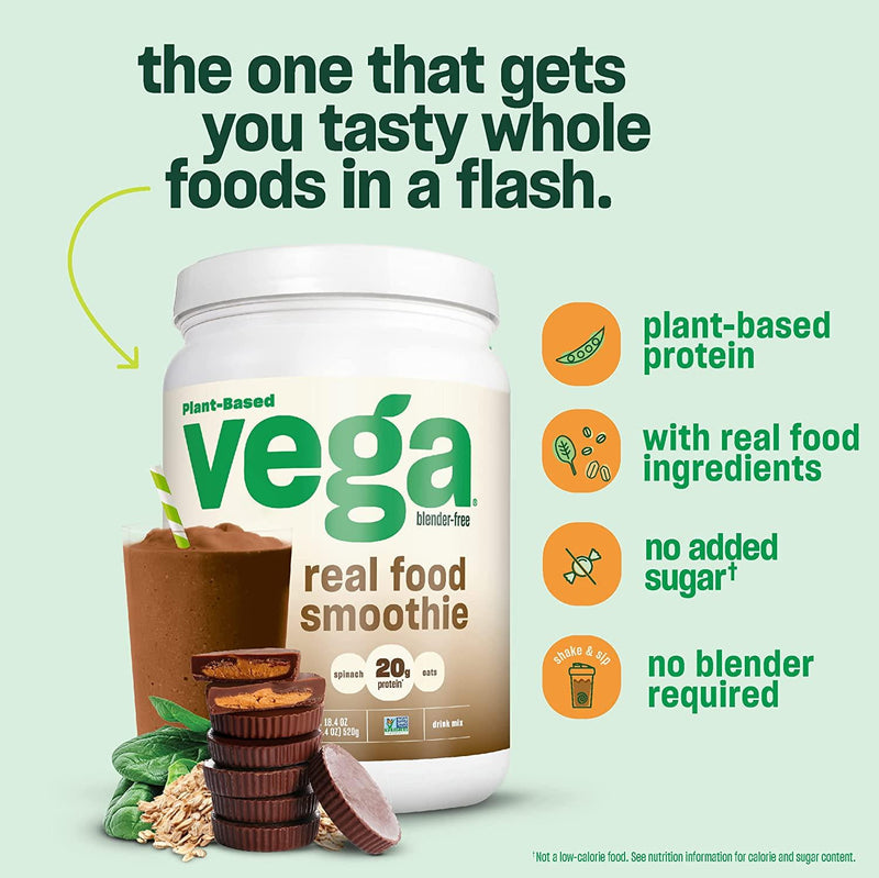 Vega Real Food Smoothie, Tropical Green Paradise, Vegan Protein Powder, 20g Plant Based Protein, No Blender Required, Gluten Free, Non GMO, Pea Protein for Women and Men, 1.23 Pounds (14 Servings)