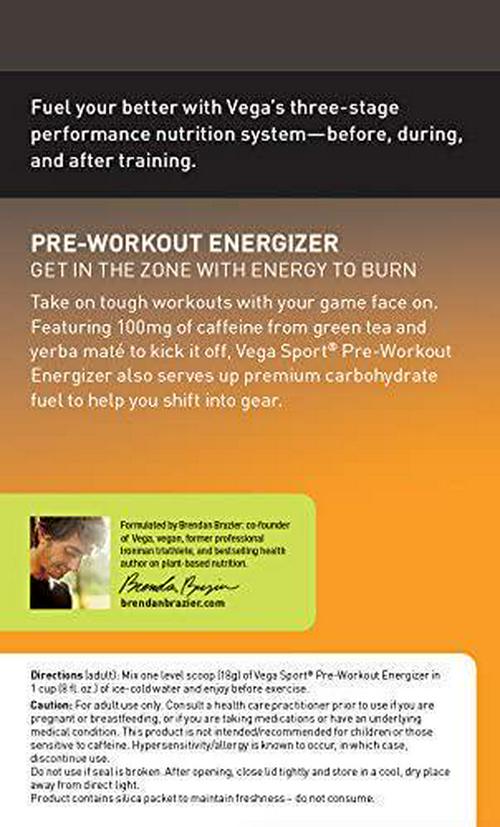 Vega Sport Pre-Workout Energizer Lemon Lime (19oz, 30 Servings) - Vegan, Gluten Free, All Natural, Pre Workout Powder, Non GMO