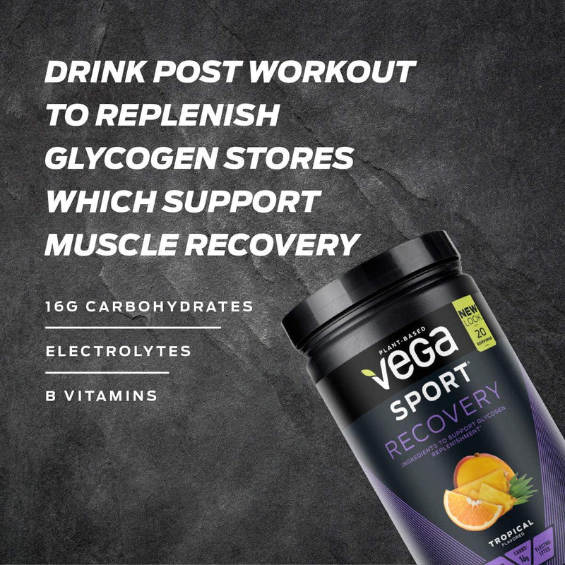 Vega Sport Recovery,Tropical, Post Workout Recovery Drink for Women and Men, Electrolytes, Carbohydrates, B-Vitamins, Vitamin C and Protein, Vegan, Gluten Free, Dairy Free (20 Servings)