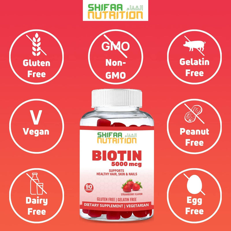 Vegan Biotin Gummies For Adult and Kids | 90 Gummies | 5000 mcg 45 Servings | NON-GMO | Gluten, Gelatin, Peanuts, Egg and Dairy Free | Biotin Gummy Vitamins For Hair, Skin and Nails | SHIFAA NUTRITION Halal