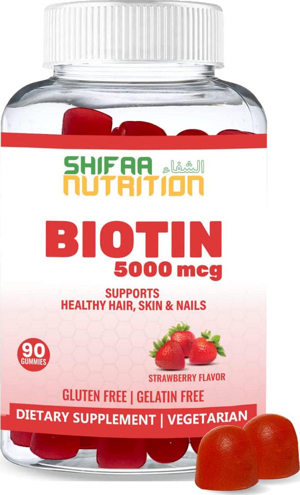Vegan Biotin Gummies For Adult and Kids | 90 Gummies | 5000 mcg 45 Servings | NON-GMO | Gluten, Gelatin, Peanuts, Egg and Dairy Free | Biotin Gummy Vitamins For Hair, Skin and Nails | SHIFAA NUTRITION Halal