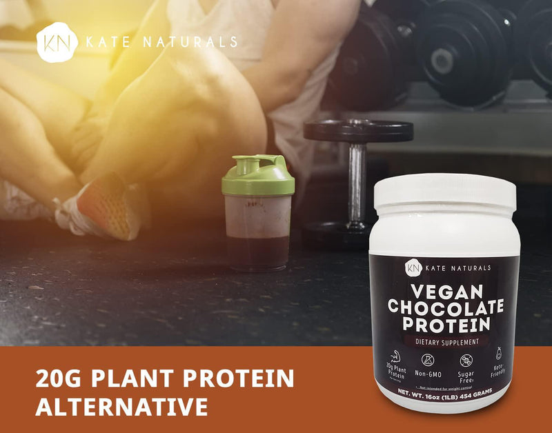Vegan Chocolate Protein Powder 1lb by Kate Naturals. A Gluten-Free, Soy-Free, Non-Dairy Protein Supplement in a Convenient Resealable Container.