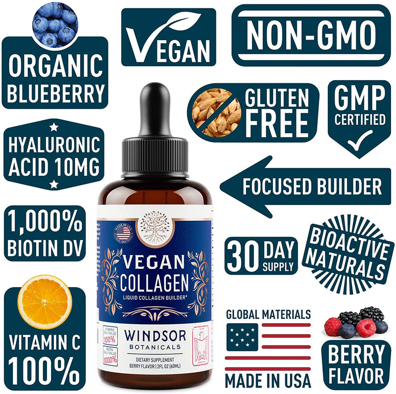 Vegan Collagen Supplement with Biotin Liquid - Age Defense Formula for Youthful Skin, Strong Hair and Nails, and Pain-Free Joints - Gluten-Free, Non-GMO Liquid Collagen Builder - Berry Flavor - 2 oz