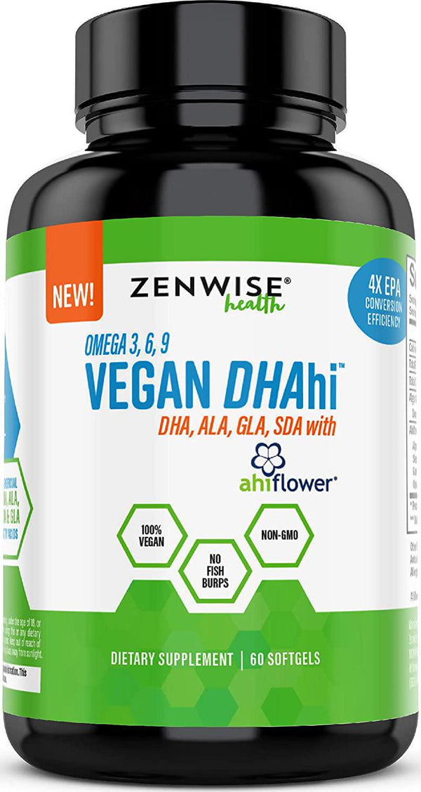 Vegan DHA Supplement - Omega 3 6 9 Support with Algae and Ahiflower Blend - Non Fish Oil Alternative - ALA, GLA, SDA Fatty Acids - Immune, Joint, Heart and Brain Health Booster for Adults - 60 Softgels