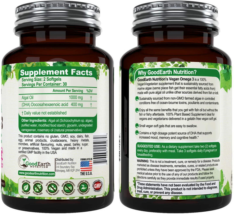 Vegan Omega 3 - Potent Plant Based Algal DHA derived from Marine Algae - Better than Fish Oil - 60 Veggie Softgels - Supports Brain, Heart, Joints and Prenatal Health - Essential Fatty Acids Supplements