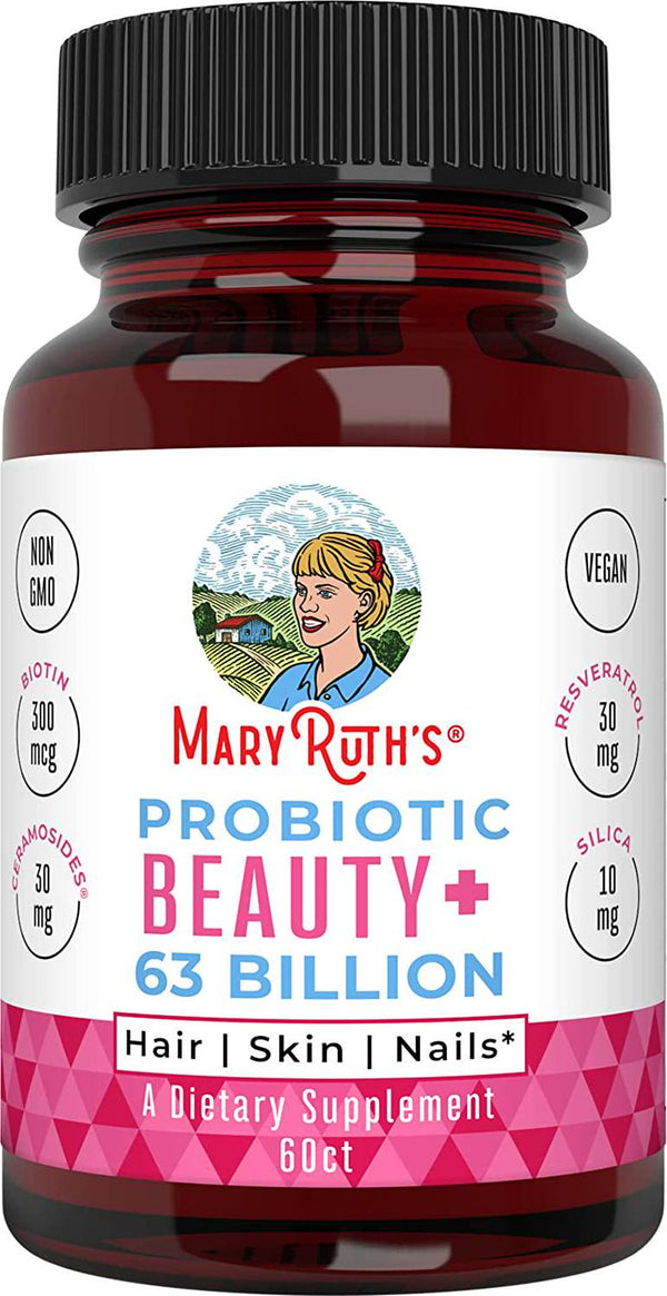 Vegan Probiotics for Women 63 Billion CFU by MaryRuth - 2-in-1 Probiotic + Organic and Plant Based Collagen Immunity Booster + Biotin for Hair, Skin and Nail Health – Non-GMO 30 Day Supply - Glass Bottle