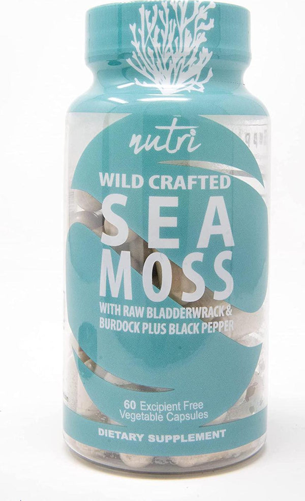 Vegan Wild Craft Irish Sea Moss, Bladderwrack, Burdock Root and Black Pepper Powder in Capsules - Nature's Fusions Nutri Seamoss Pills Supplement - Non-GMO, No Fillers, 60 Capsules