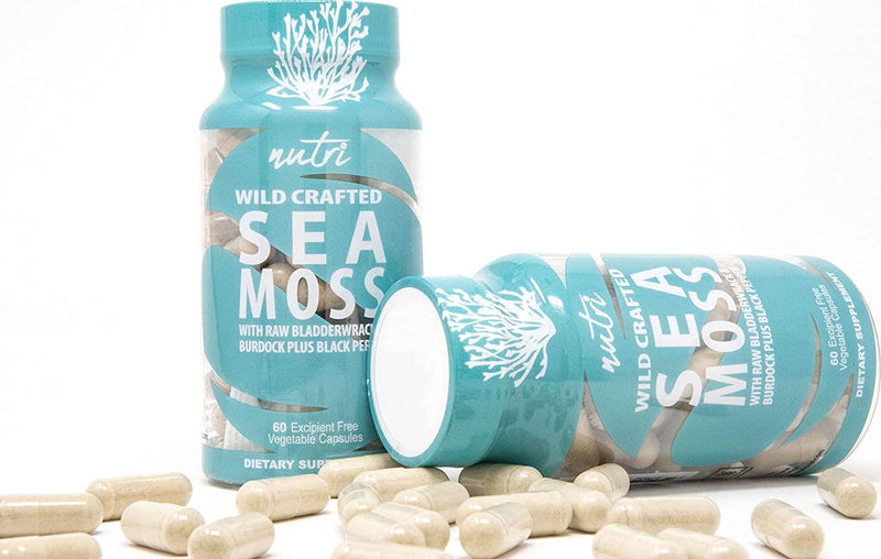 Vegan Wild Craft Irish Sea Moss, Bladderwrack, Burdock Root and Black Pepper Powder in Capsules - Nature's Fusions Nutri Seamoss Pills Supplement - Non-GMO, No Fillers, 60 Capsules