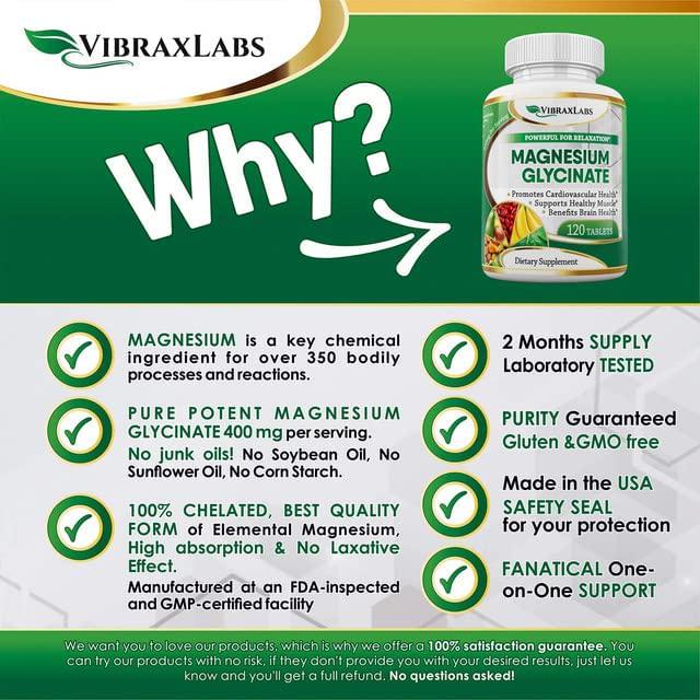 VibraxLabs Magnesium Glycinate Supplement, 400mg, for Men and Women, for Stress, Energy, Sleep, Muscle Cramps, Joint and Heart Support, Chelated, High-Absorption, Non-Laxative, Gluten-Free