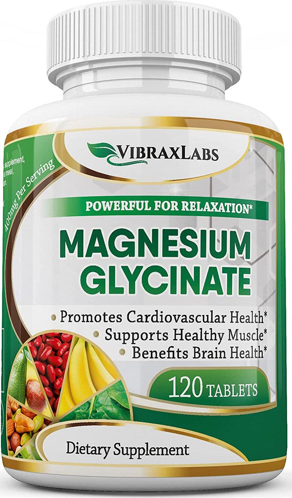 VibraxLabs Magnesium Glycinate Supplement, 400mg, for Men and Women, for Stress, Energy, Sleep, Muscle Cramps, Joint and Heart Support, Chelated, High-Absorption, Non-Laxative, Gluten-Free