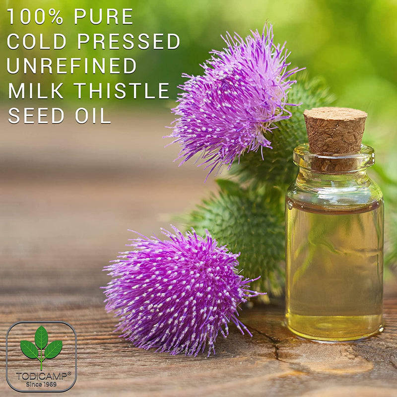 Virgin Milk Thistle Seed Oil by TODICAMP - 100% Cold Pressed Milk Thistle Oil. Unrefined. Certified. Rich in Omega-6 and Omega-3; Tocopherols (Vitamin E); Silymarin; Magnesium; Zinc. 1.7 Fl Oz