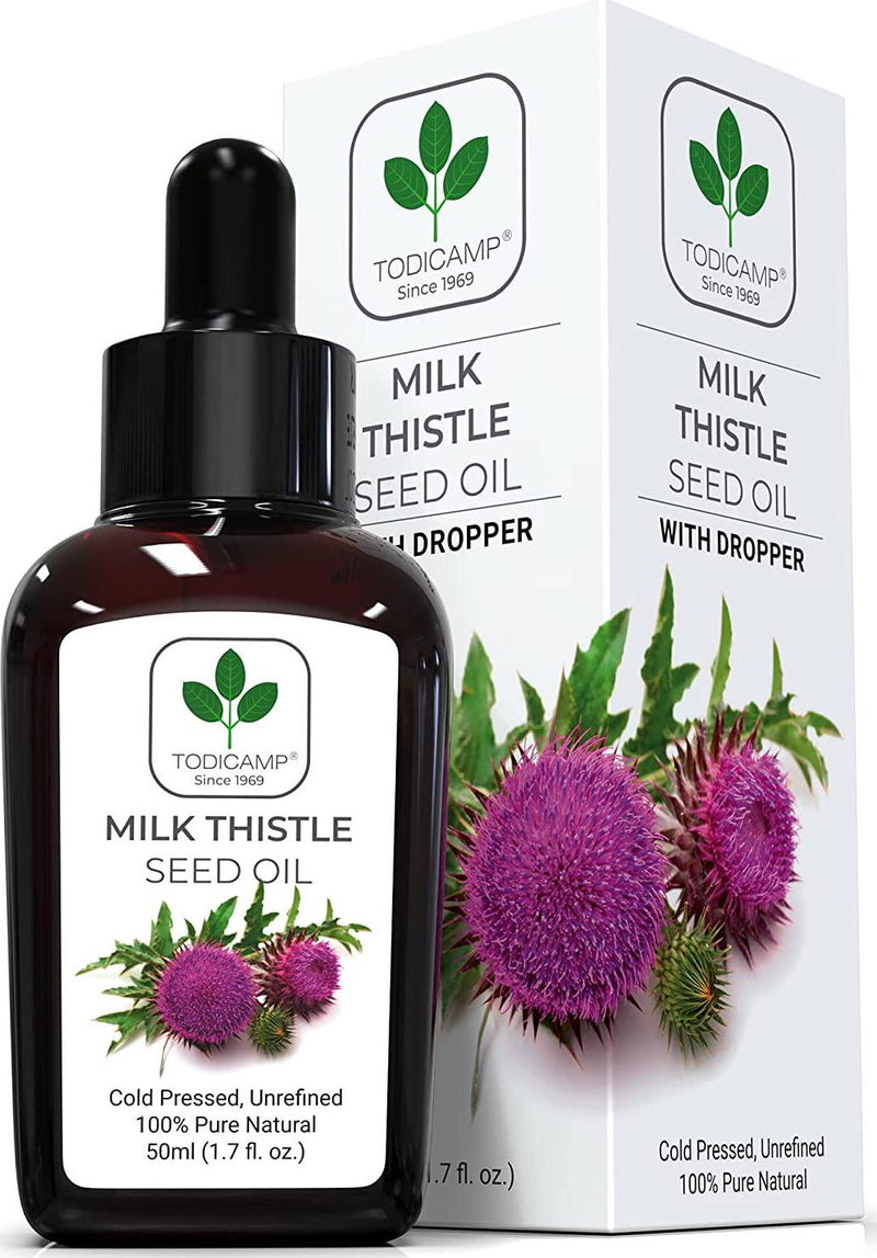 Virgin Milk Thistle Seed Oil by TODICAMP - 100% Cold Pressed Milk Thistle Oil. Unrefined. Certified. Rich in Omega-6 and Omega-3; Tocopherols (Vitamin E); Silymarin; Magnesium; Zinc. 1.7 Fl Oz