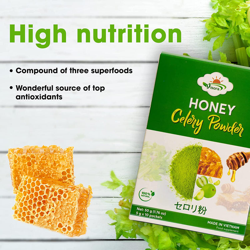 Visora Honey Celery Powder, Helps Cleanse and Detoxify, Supports Healthy Digestion, Boosts Immune Support, Antioxidant Support, Rich in Vitamin C and Minerals, Vegan (1 Box of 10 Servings)