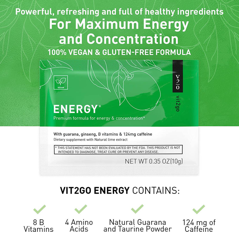 Vit2go Energy Powder with Magnesium, Zinc, and B Vitamins | Contains 124mg of natural caffeine from ginseng and guarana | Perfect for naturally enhancing mental and physical performance, 10 Sachets