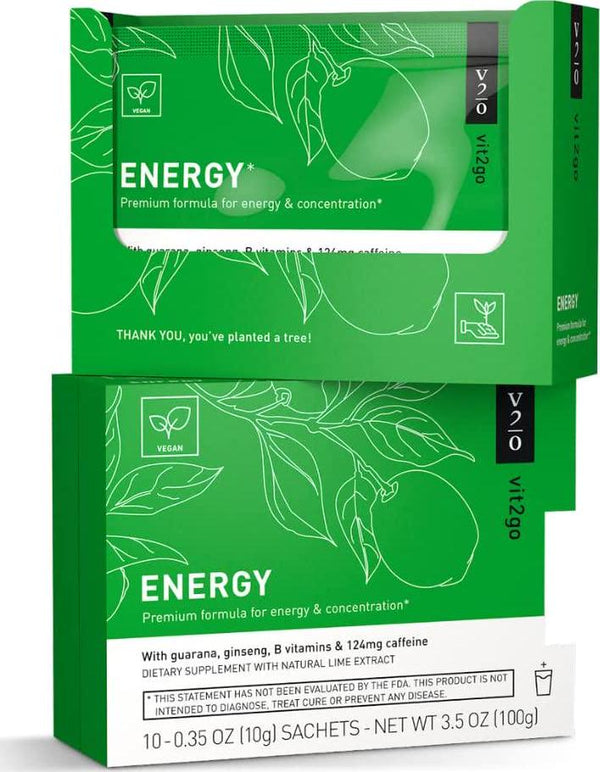 Vit2go Energy Powder with Magnesium, Zinc, and B Vitamins | Contains 124mg of natural caffeine from ginseng and guarana | Perfect for naturally enhancing mental and physical performance, 10 Sachets
