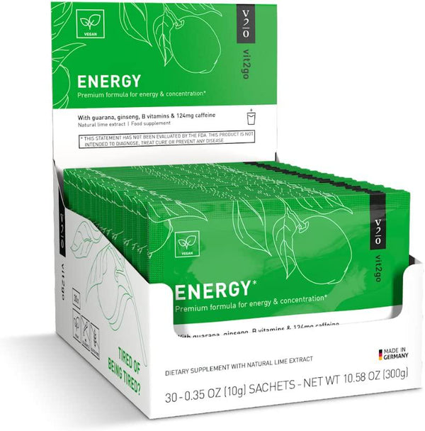 Vit2go Energy Powder with Magnesium, Zinc, and B Vitamins | Contains 124mg of natural caffeine from ginseng and guarana | Perfect for naturally enhancing mental and physical performance, 30 Sachets