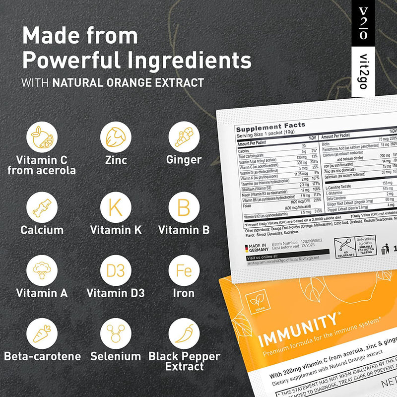 Vit2go Immunity (10 sachets) - Booster with Vitamins (A, B, C, D and K), Zinc and Ginger Extract, Supplements Made in Germany, Vegan