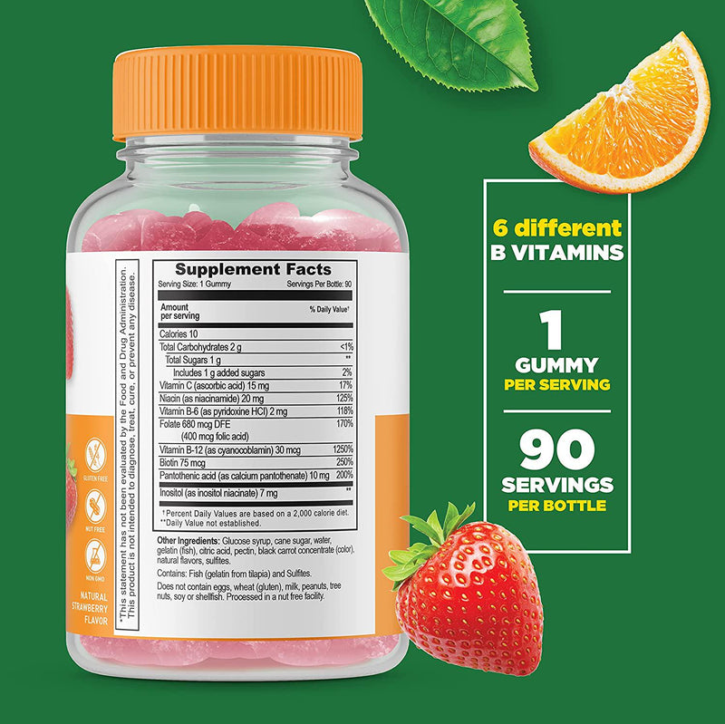 VitaWorks Vitamin B Complex with Vitamin C - Great Tasting Natural Flavor Gummy Supplement - Gluten Free GMO-Free Chewable – with Niacin, B6, Folic Acid, B12, Biotin and Pantothenic Acid – 90 Gummies