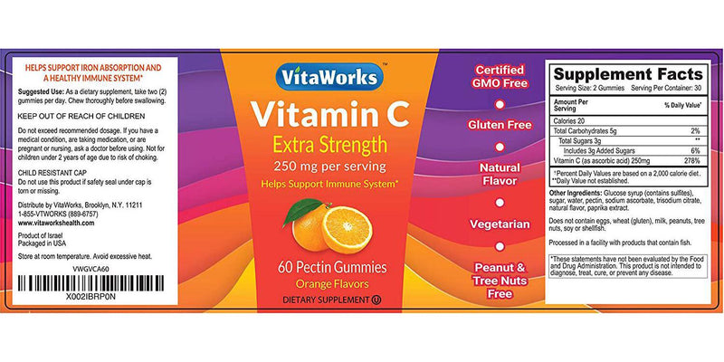 VitaWorks Vitamin C Gummies for Adults 250mg Great Tasting Natural Gummy Supplement - Gluten Free Vegetarian GMO-Free Chewable Ascorbic Acid Vitamin C for Immune System Support 60 Gummies