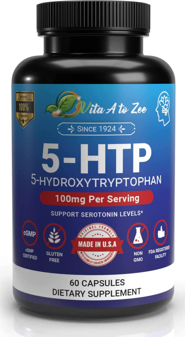 Vita A to Zee 5-HTP Supplement (5-Hydroxytryptophan) Griffonia Seed Extract | 100 MG | Support Serotonin Level | Support Mood, Relaxation and Stress | Gluten Free, Vegetarian and Non-GMO, 60 Capsules