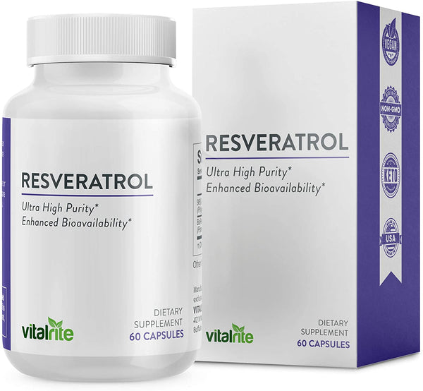 VitalRite - Resveratrol Therapeutic Supplement | Antioxidant to Support Cellular Health for Anti- Aging | Promotes Cardiovascular and Immune System Health - 60 Capsules High Potent Trans-Resveratrol