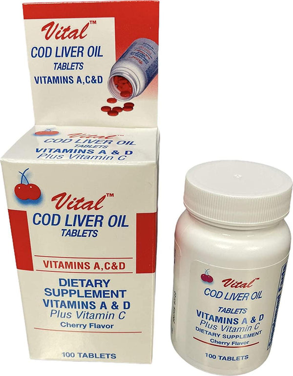 Vital Cod Liver Oil 100 Tablets Cherry Flavor Vitamins A,C and D