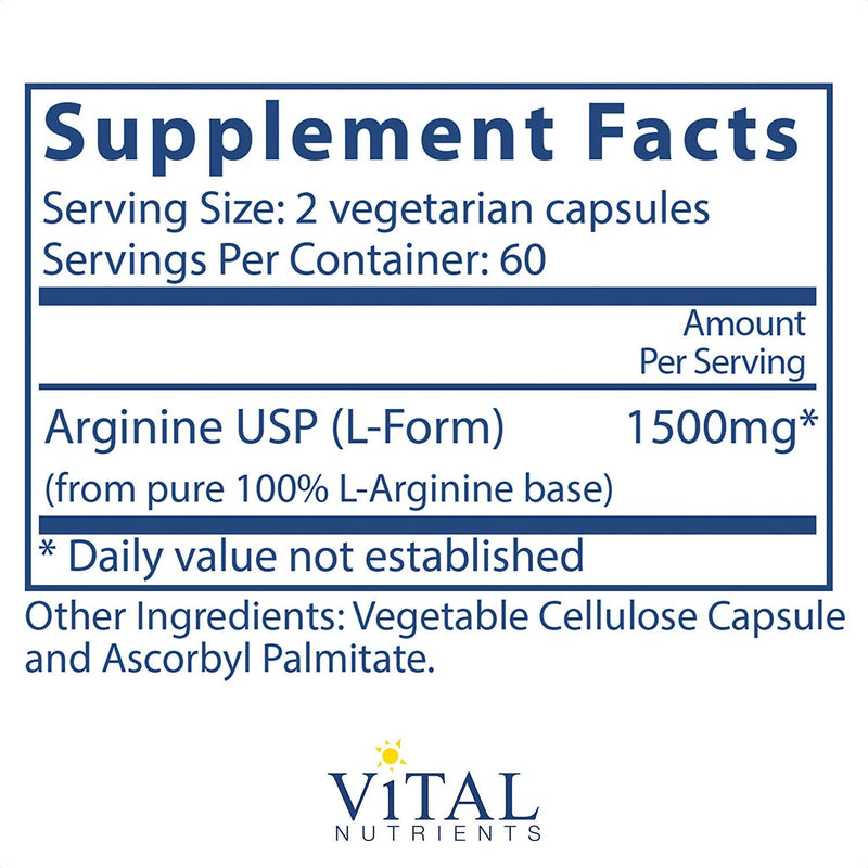 Vital Nutrients - Arginine - L-Arginine Amino Acid Support for Circulatory and Heart Health - 120 Vegetarian Capsules per Bottle - 1500 mg