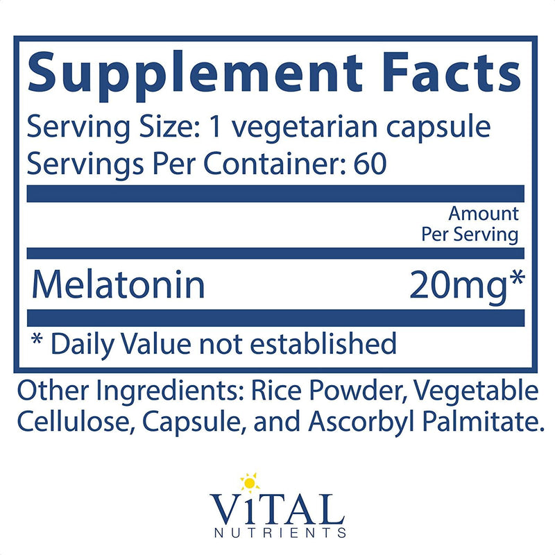 Vital Nutrients - Melatonin (Melatonina) - Sleeping Aid - Supports The Body's Natural Sleep Cycle - 60 Capsules per Bottle - 20mg