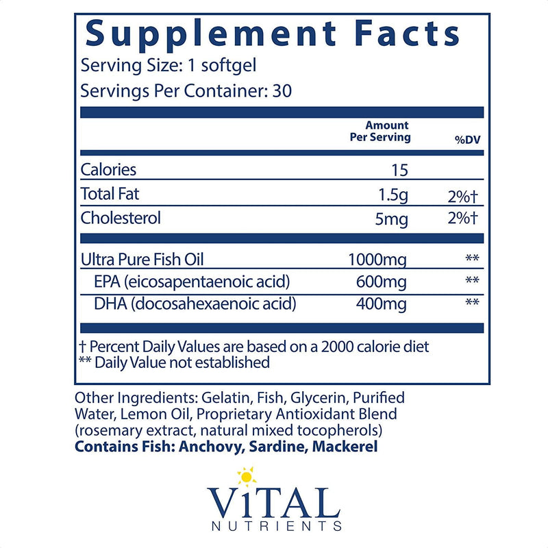 Vital Nutrients - Ultra Pure Fish Oil 1000 (Pharmaceutical Grade) - Hi-Potency Wild Caught Deep Sea Fish Oil, Cardiovascular Support with EPA and DHA - 30 Softgels per Bottle