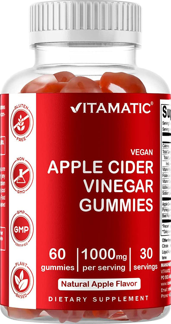 Vitamatic Apple Cider Vinegar Gummies - 1000mg per serving - 60 Vegan Gummies - ACV Gummies for Detox, Weight Loss Support, Energy Boost, Digestion and Gut Health