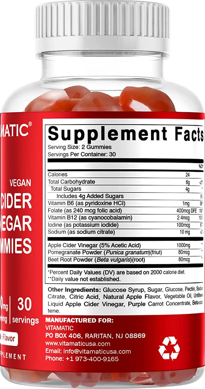 Vitamatic Apple Cider Vinegar Gummies - 1000mg per serving - 60 Vegan Gummies - ACV Gummies for Detox, Weight Loss Support, Energy Boost, Digestion and Gut Health