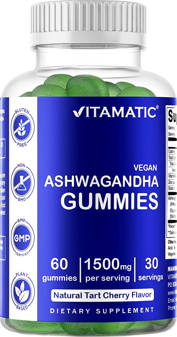 Vitamatic Ashwagandha Gummies 1500mg per serving - 60 Vegan Gummies - 3% Withanolides - Promotes stress relief naturally, relaxation, calmness and immune health