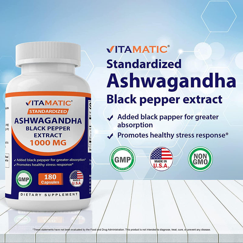 Vitamatic Ashwagandha 1000mg (Standardized Extract) with Black Pepper 180 Capsules