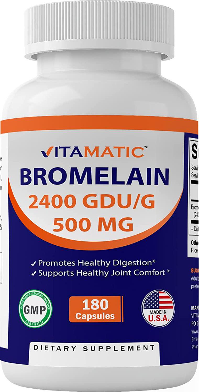 Vitamatic Bromelain Supplement 500mg, 2400 GDU/g, Proteolytic Enzymes, Supports Digestion of Proteins, 180 Count