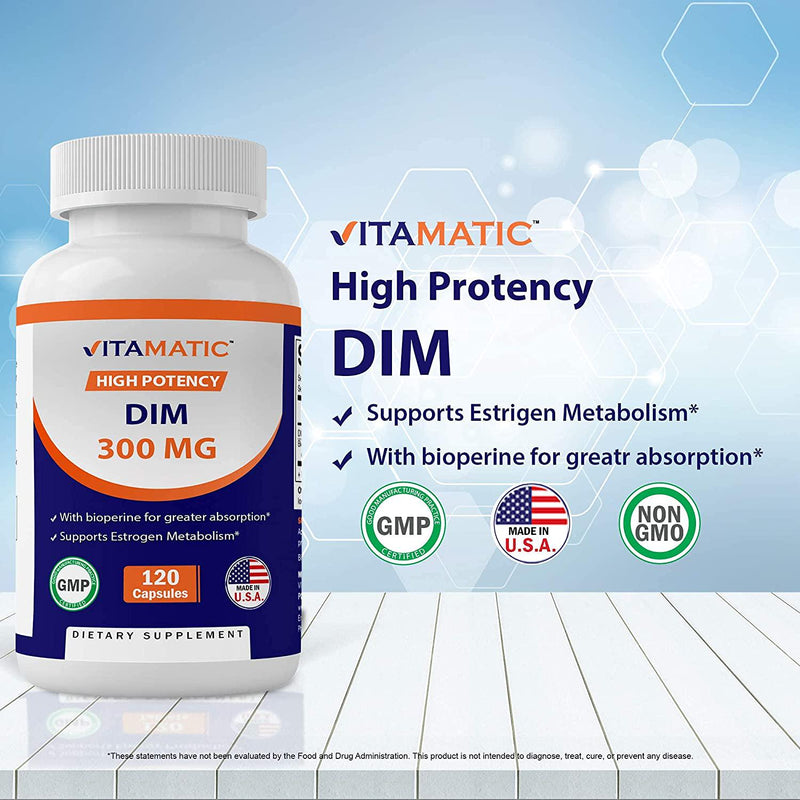 Vitamatic DIM (Diindolylmethane) with BioPerine 300mg, 120 Veggie Capsules - 4 Months Supply