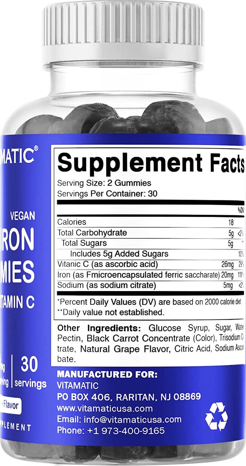 Vitamatic Iron Gummies Supplement for Women and Men - 20mg Serving - 60 Vegan Gummies - Great Tasting Iron Gummy Vitamins with Vitamin C (60 Count (Pack of 2))