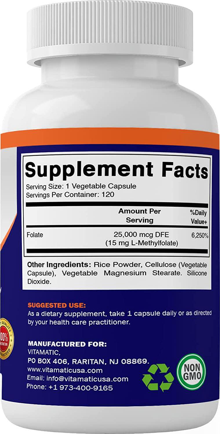 Vitamatic L Methylfolate 15mg - 120 Vegetable Capsules - Optimized and Activated High Potency - Metabolically Active Folate