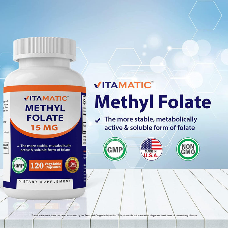 Vitamatic L Methylfolate 15mg - 120 Vegetable Capsules - Optimized and Activated High Potency - Metabolically Active Folate