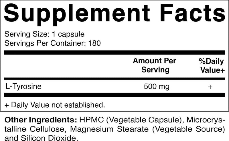 Vitamatic L-Tyrosine 500 mg 180 Veg Capsules - Supports Mental Clarity – Promotes Alertness – Boosts Energy