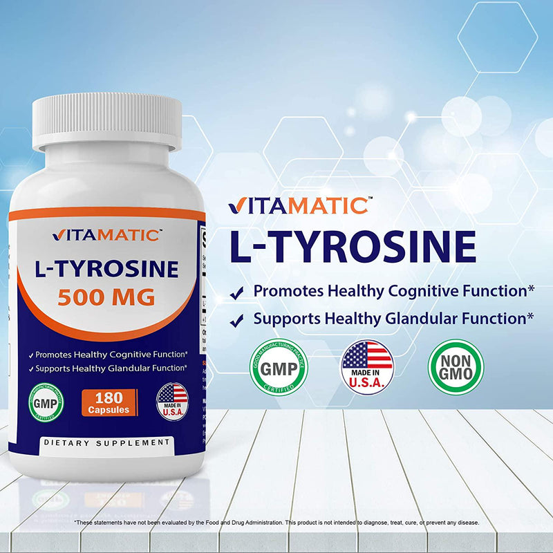 Vitamatic L-Tyrosine 500 mg 180 Veg Capsules - Supports Mental Clarity – Promotes Alertness – Boosts Energy