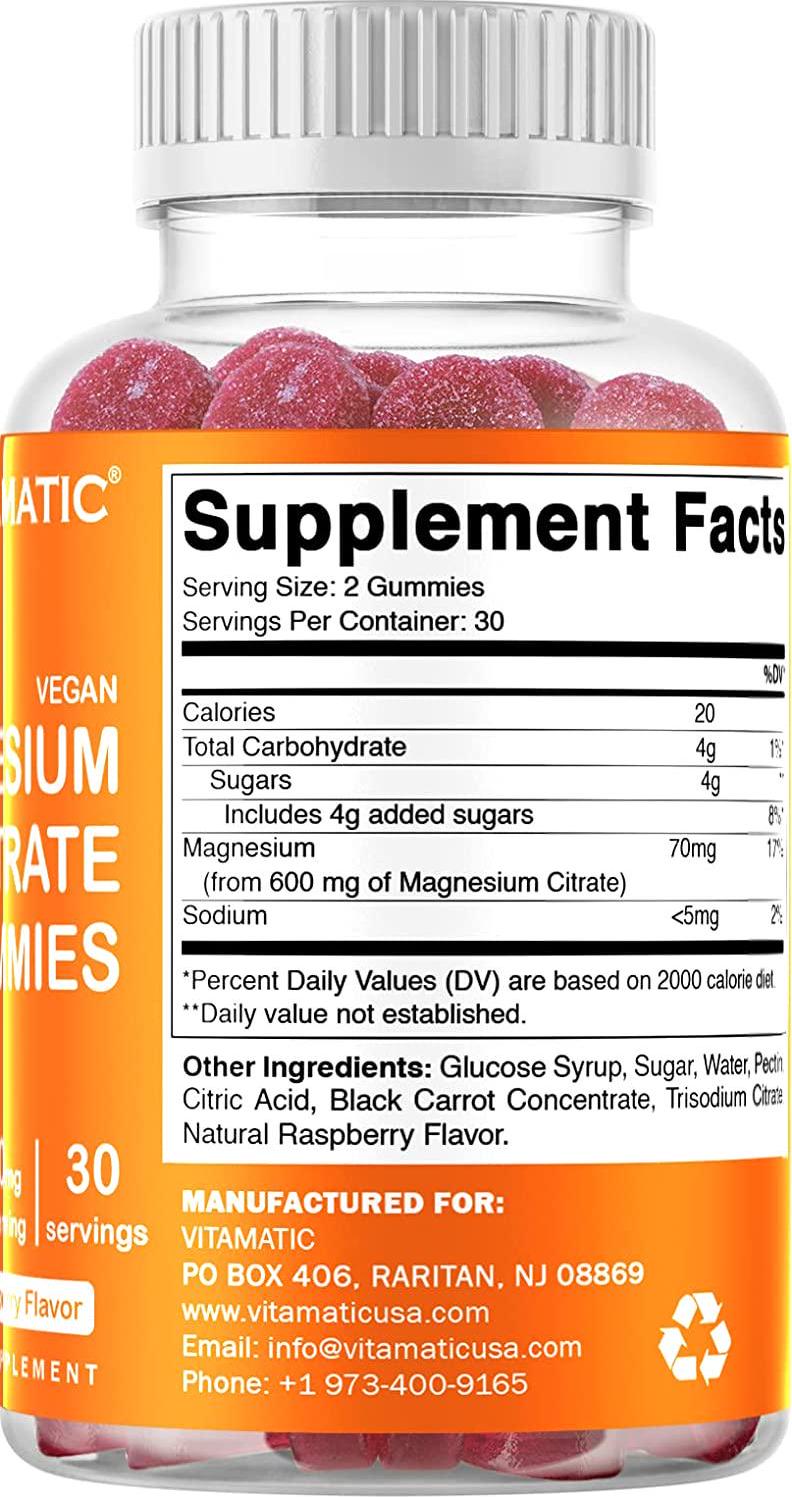 Vitamatic Magnesium Citrate Gummies 600mg per Serving - 60 Vegan Gummies - Promotes Healthy Relaxation, Muscle, Bone, and Energy Support