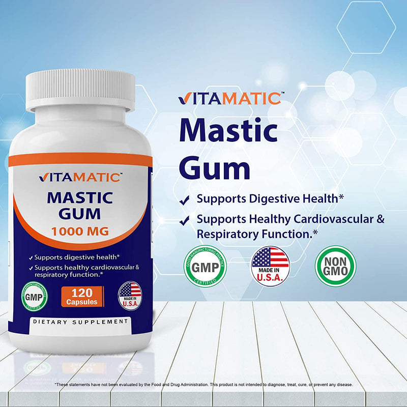 Vitamatic Mastic Gum 1000mg per Serving - Support Digestive Function, Gastrointestinal Health, Immune and Oral Wellness, 120 Capsules