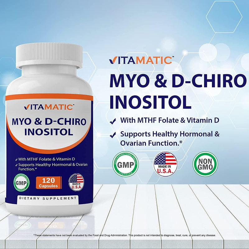 Vitamatic Myo and D-Chiro Inositol Fertility Supplements for Women- 2000mg Serving - 40:1 Ratio with MTHF, Folate and Vitamin D - 120 Capsules