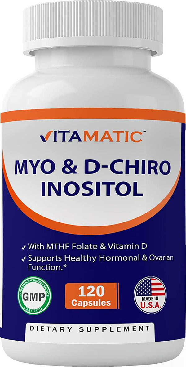 Vitamatic Myo and D-Chiro Inositol Fertility Supplements for Women- 2000mg Serving - 40:1 Ratio with MTHF, Folate and Vitamin D - 120 Capsules