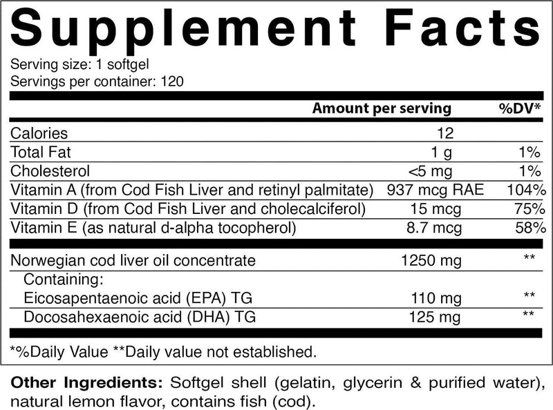 Vitamatic Norwegian Cod Liver Oil 1250mg 120 Softgels (Lemon Flavor) - Promotes Cardiovascular Health
